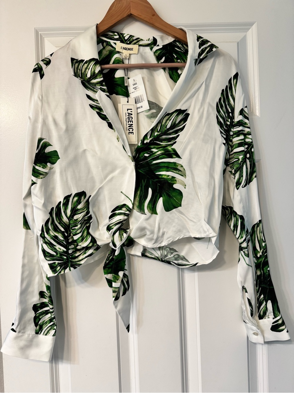 L'AGENCE White and Green Tropical Tie-Front Shirt